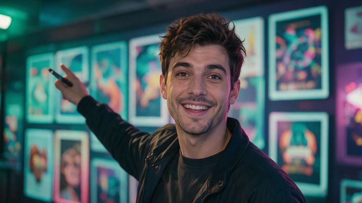 Max presenting in the studio in front of a wall of episode posters