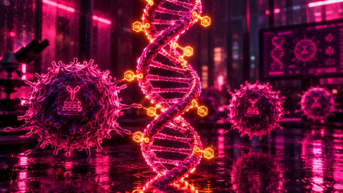 Glowing DNA double helix with methylation tags lighting up like highlighter marks while immune T-cells keep molecular memories β educational science illustration