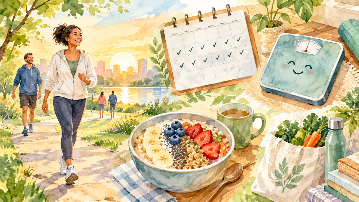 Diverse people maintaining healthy habits long-term β morning walks, consistent checkmarks, breakfast bowls in warm morning light