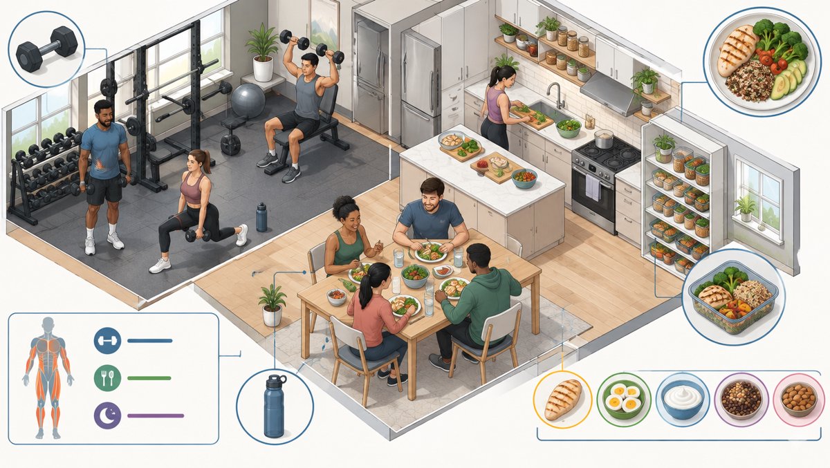 Diverse adults combining resistance training with high-protein meals β muscle is your metabolic armor