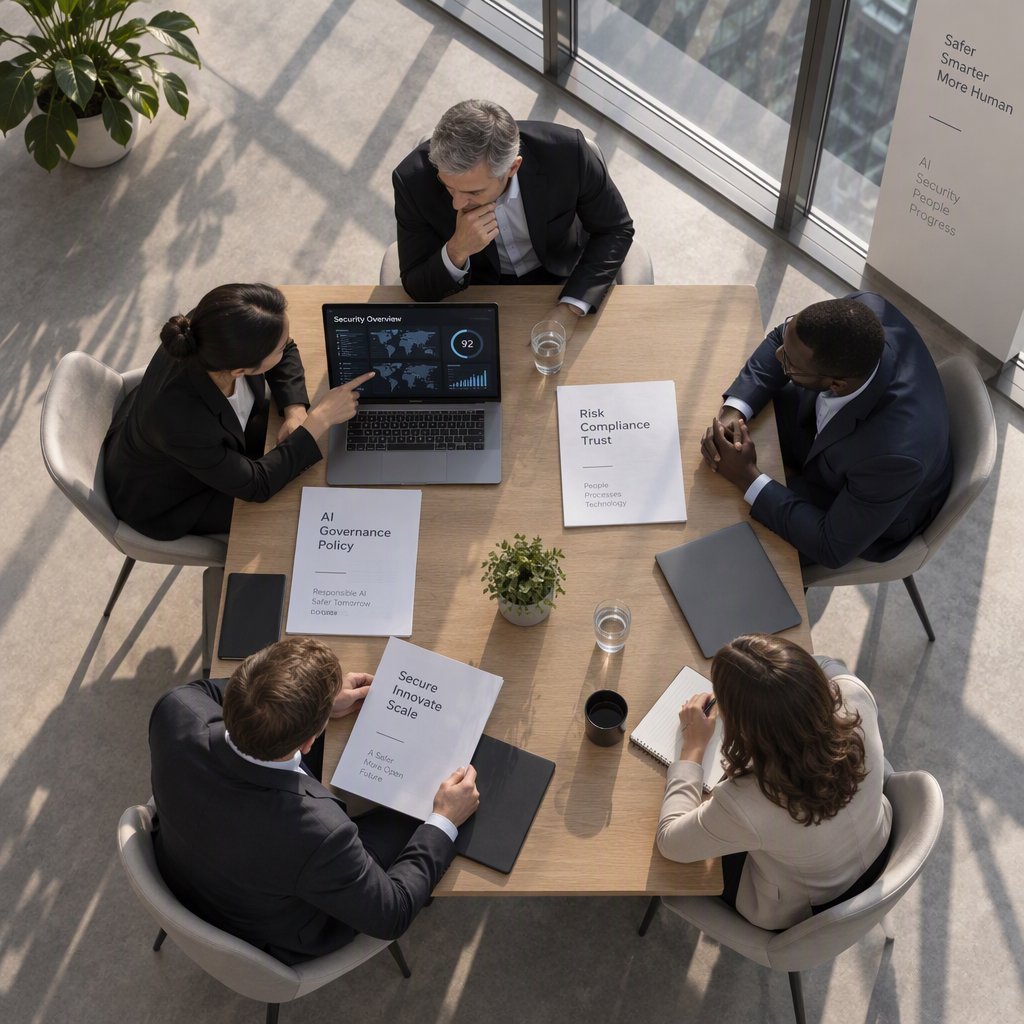 Advice scene — executives and a security specialist reviewing AI governance documents