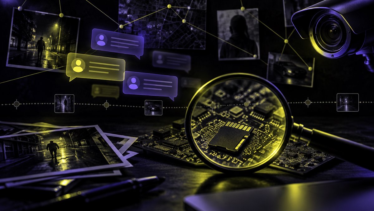 Forensic concept illustration — glowing chat bubbles and a magnifying glass over a circuit board