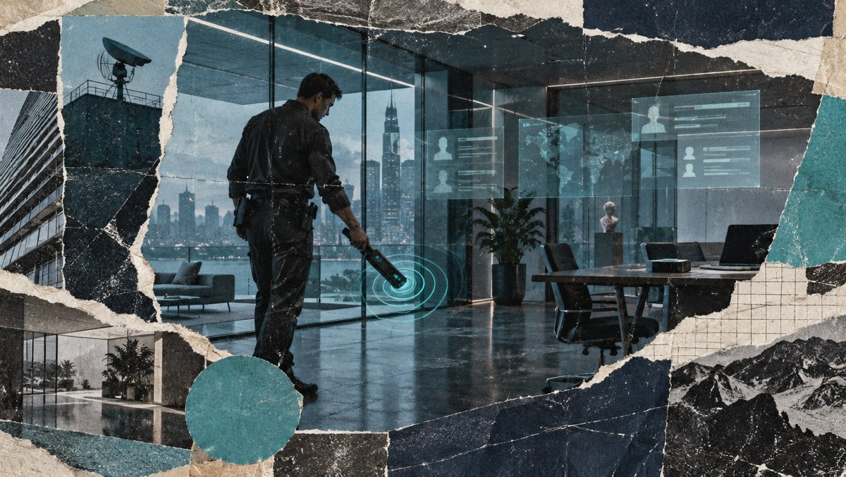 Security engineer sweeping a modern glass office with an RF detector