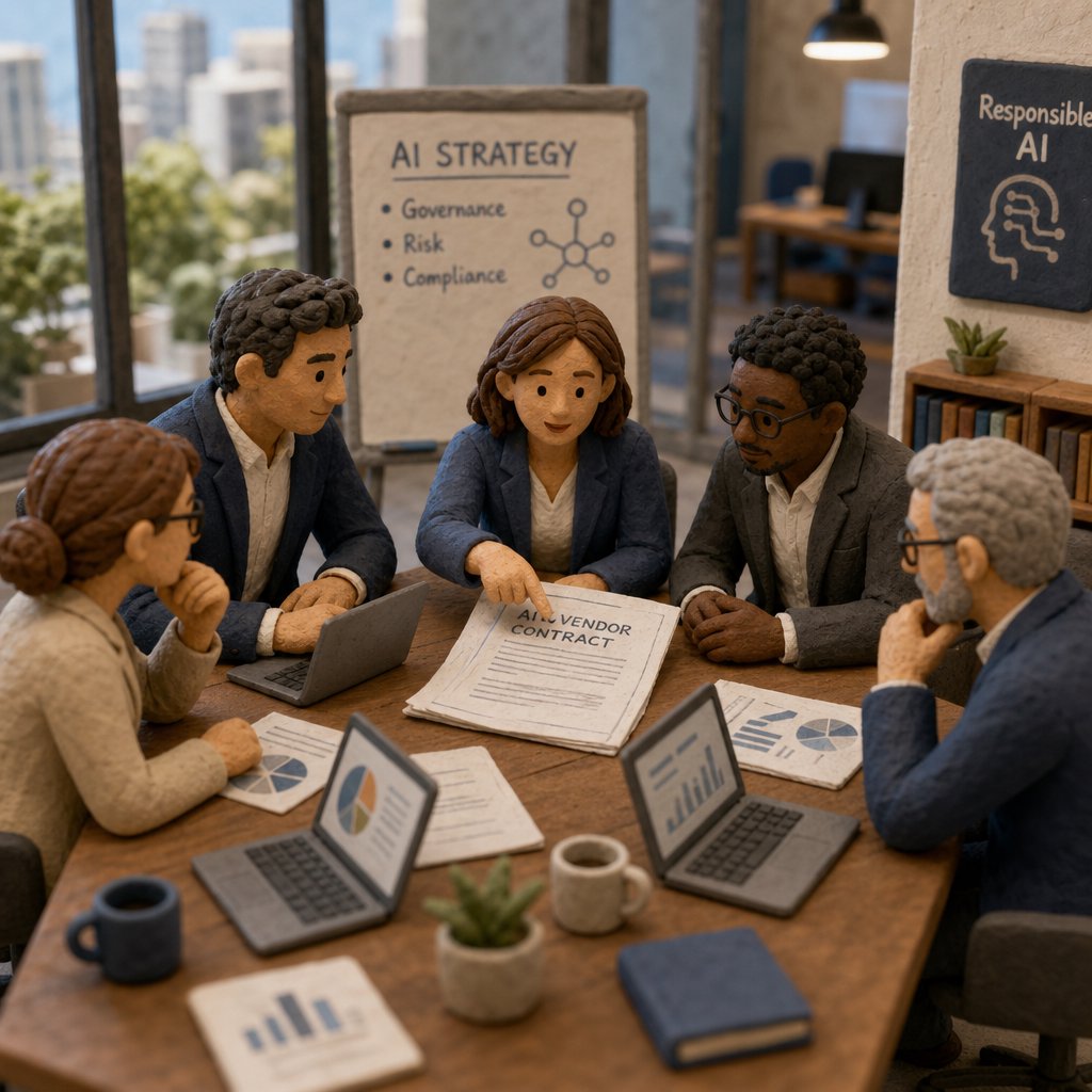 Actionable advice scene — diverse business team reviewing AI vendor contracts around a conference table