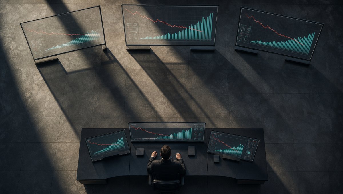 Data visualization scene — holographic financial dashboards showing collapsing price curves and surging volume bars