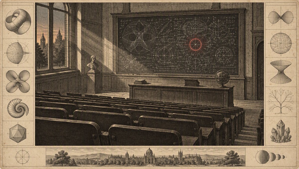 An empty lecture hall at dusk, a chalkboard of illegible dense notation glowing at the front with one red-circled mark