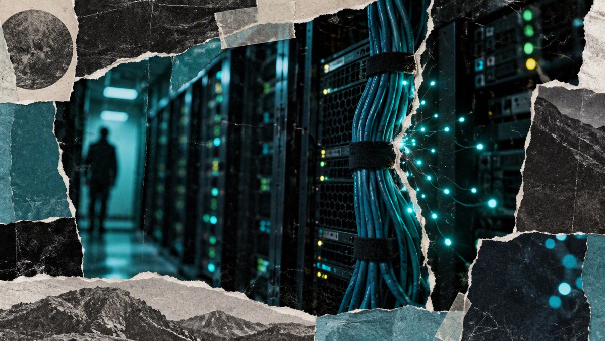 A dark server rack with luminous packets leaking from a seam in the network cabling