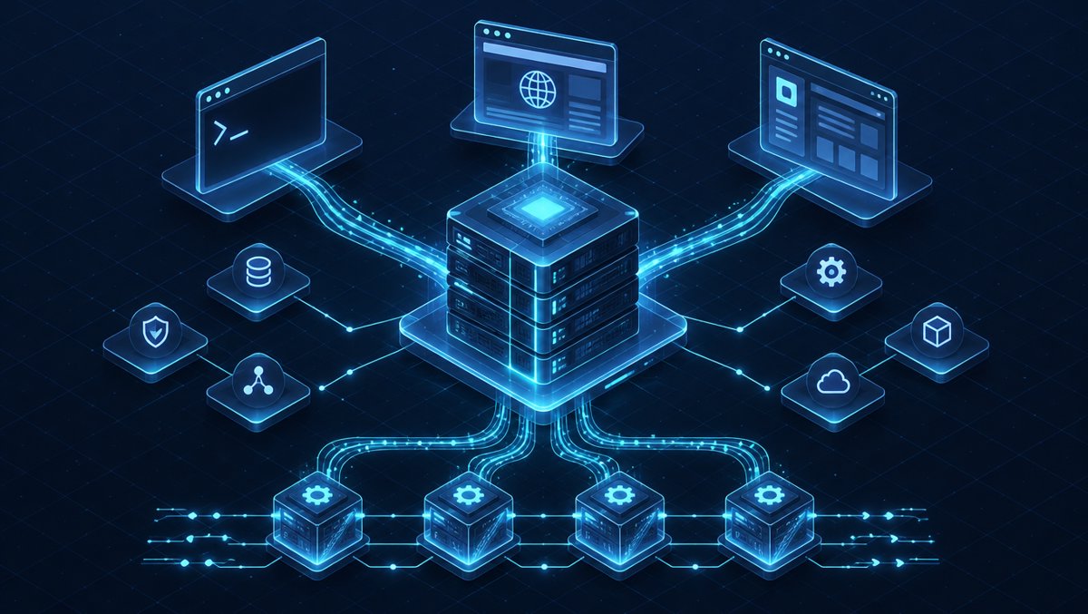 Illustration of one central service core connected to terminal, web, and desktop clients, spawning parallel light-trail workers