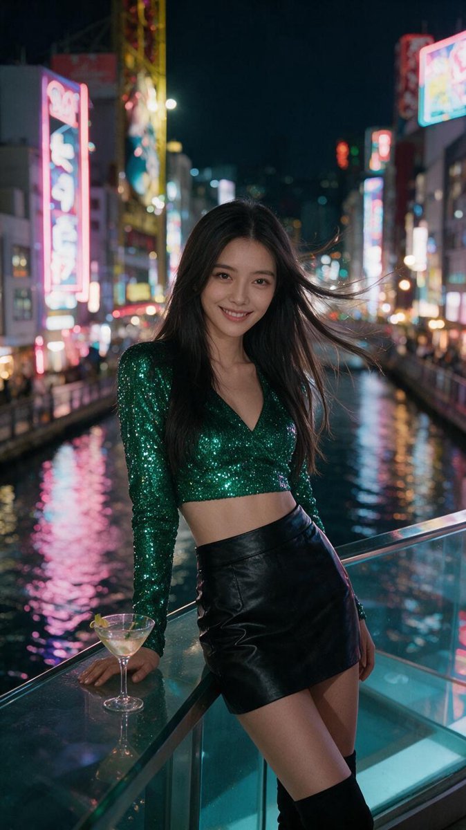 Cindy on a rooftop nightclub terrace overlooking Dotonbori canal neon