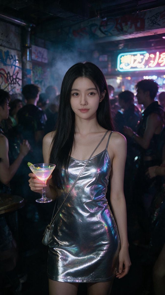 Cindy with a neon cocktail in an underground Amemura club with graffiti walls and UV light