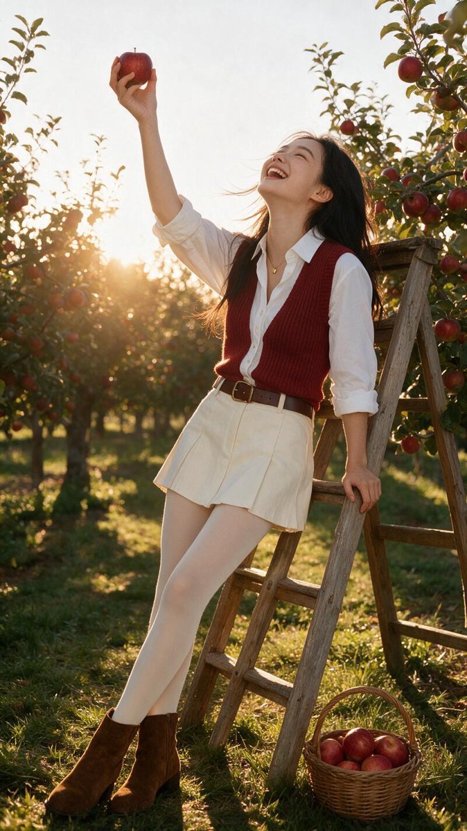 Monica in the apple orchard at golden hour raising a red apple mid-laugh, garnet knit vest, ecru pleated mini skirt, suede boots, basket at her feet