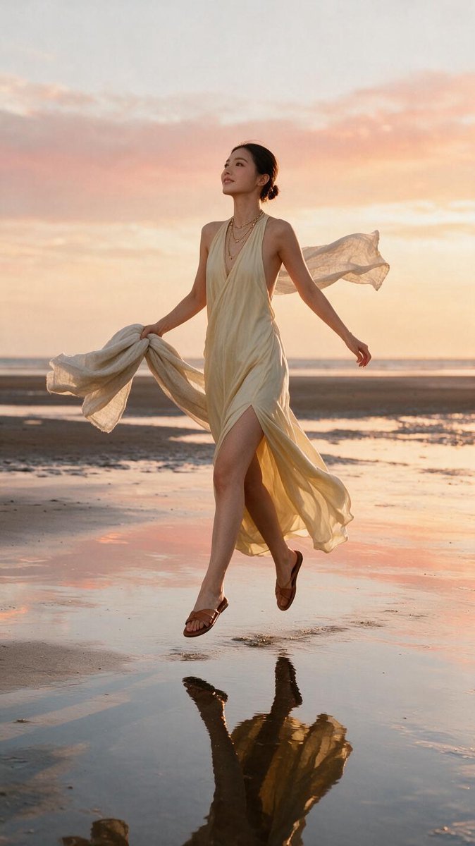Monica mid-air joyful jump on mirror-flat wet tidal flats at sunset, butter-yellow slit maxi sundress, sky reflected in the sand below her