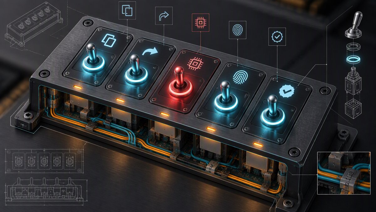 Control panel illustration — one red switch among cyan toggles
