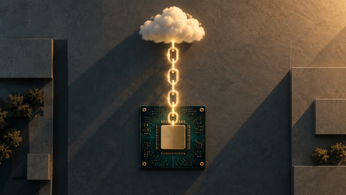 Hardware trust chain — a secure chip linked to the cloud by light