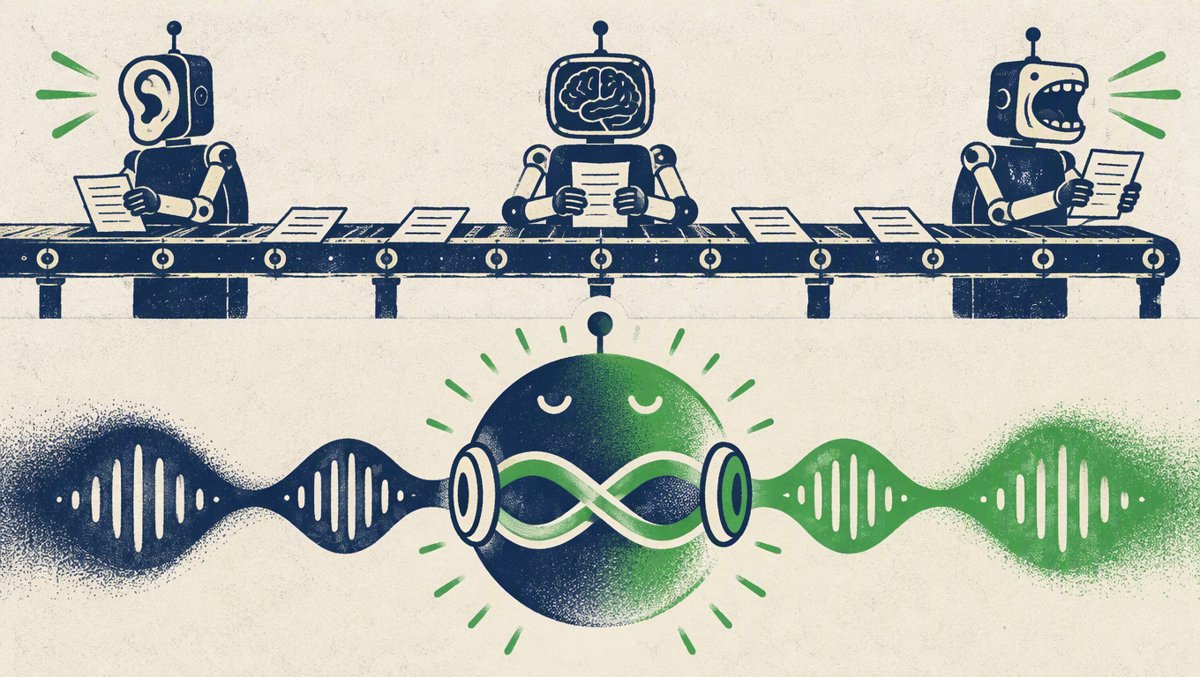 Infographic comparing a clunky three-station cascade pipeline to a single dual-stream orb listening and speaking at once