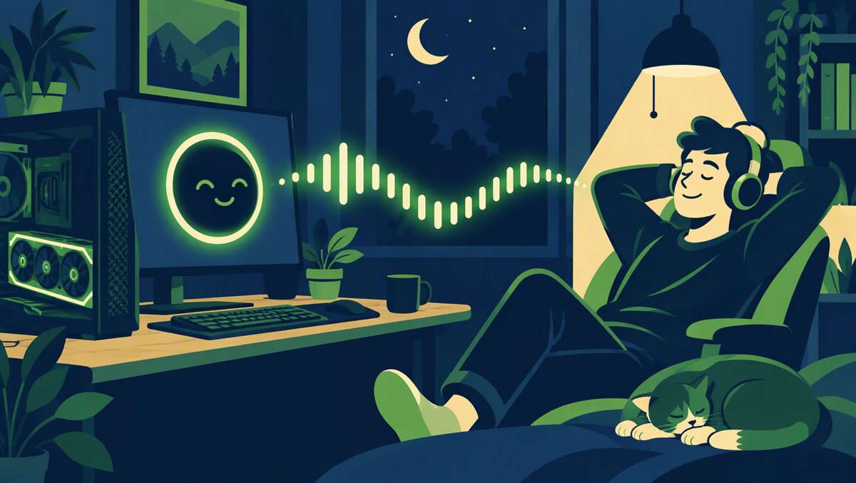 Cozy home office at night with a glowing GPU running a voice assistant