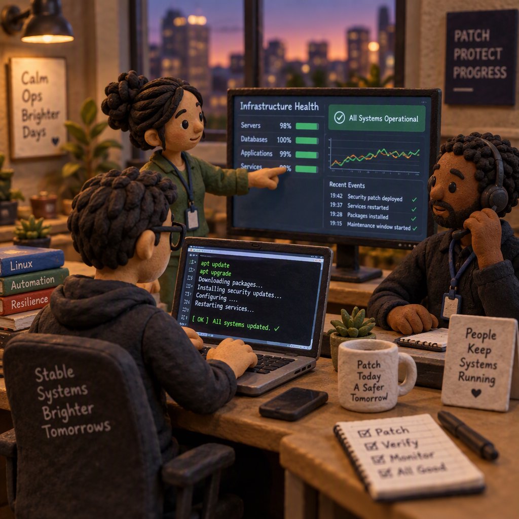 IT team running an emergency patch at dusk