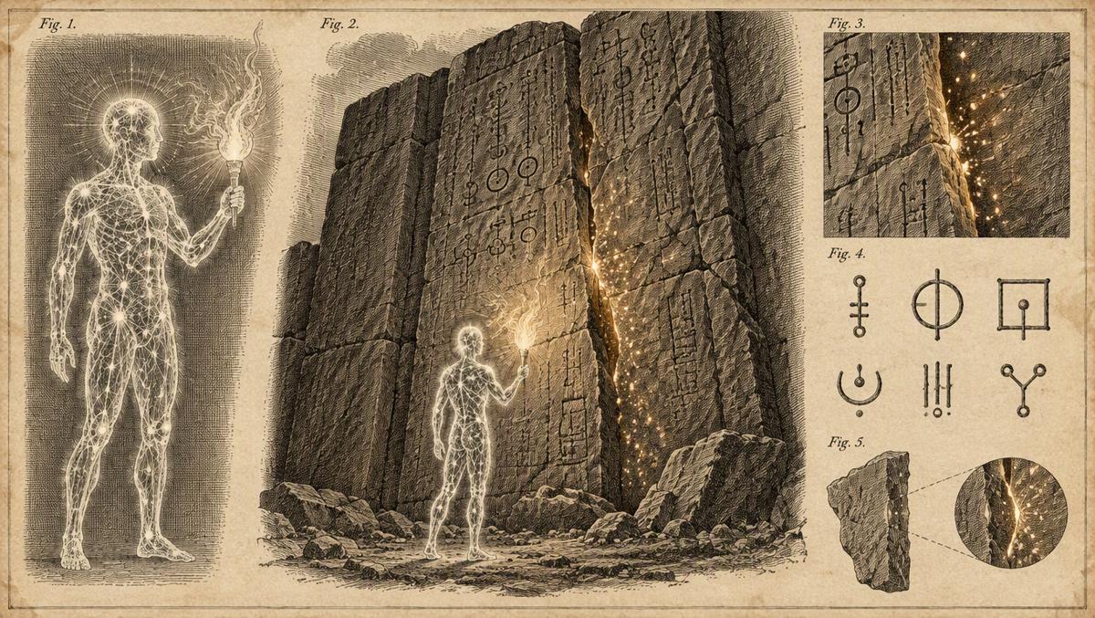 Concept art of a luminous AI figure revealing a long-hidden crack in an ancient monolith of code — frontier AI exposing decade-old vulnerabilities