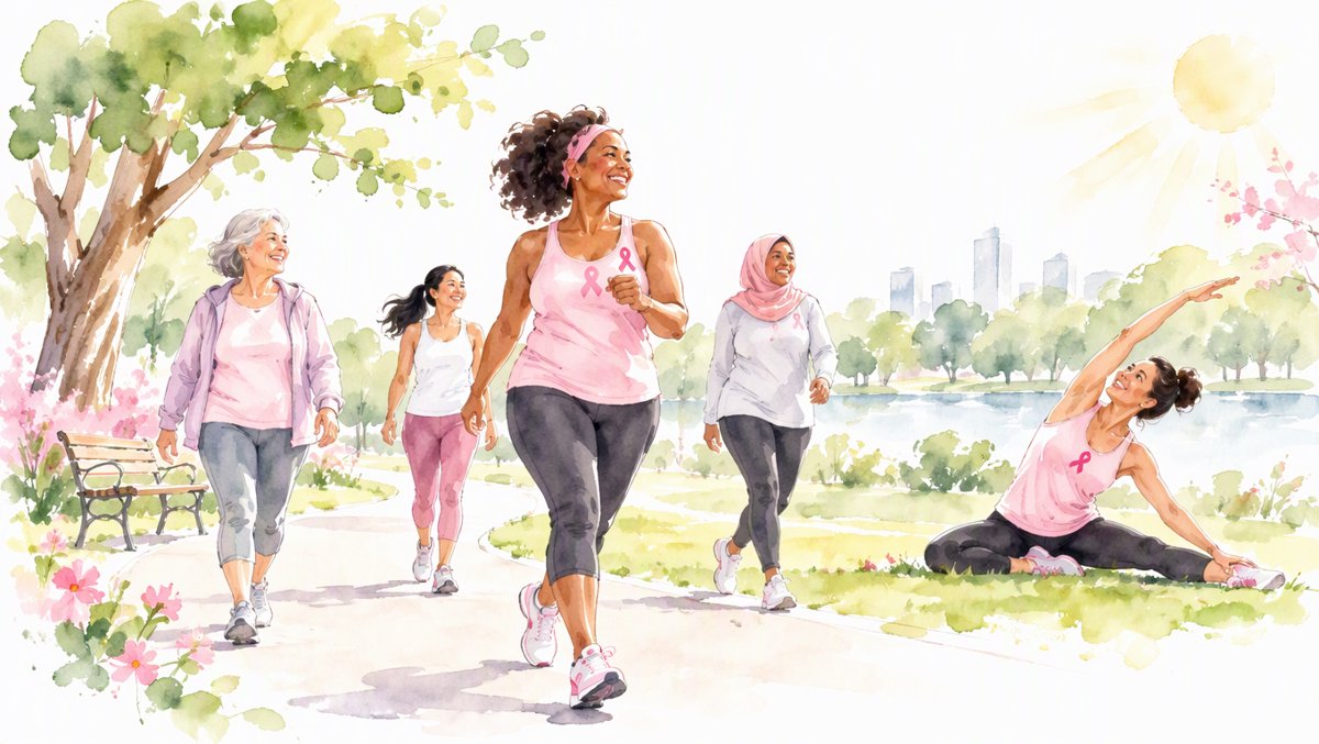 Diverse women of different ages brisk walking and stretching in a sunny park