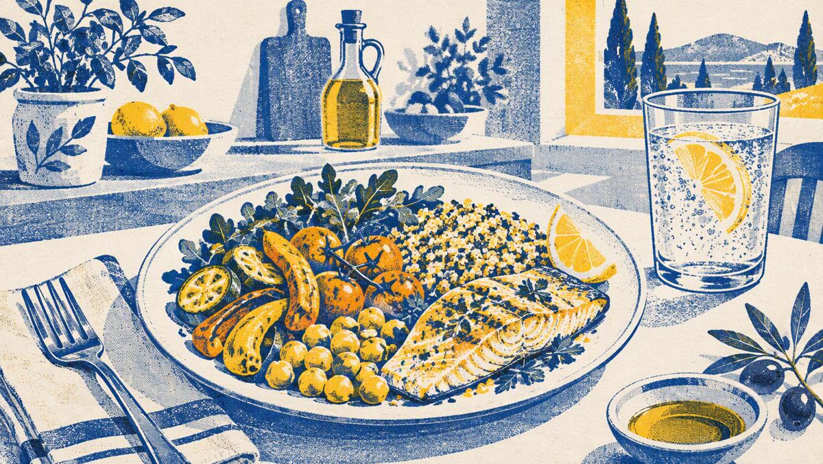 Mediterranean-style plate with colorful vegetables, whole grains, legumes, olive oil, fish and sparkling water with citrus