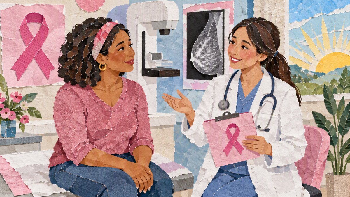 A woman talking with a friendly doctor about mammogram screening in a bright modern clinic