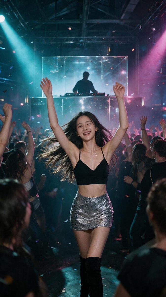 Cindy dancing in a crop top and silver mini skirt on a packed Prague nightclub dancefloor with lasers and confetti