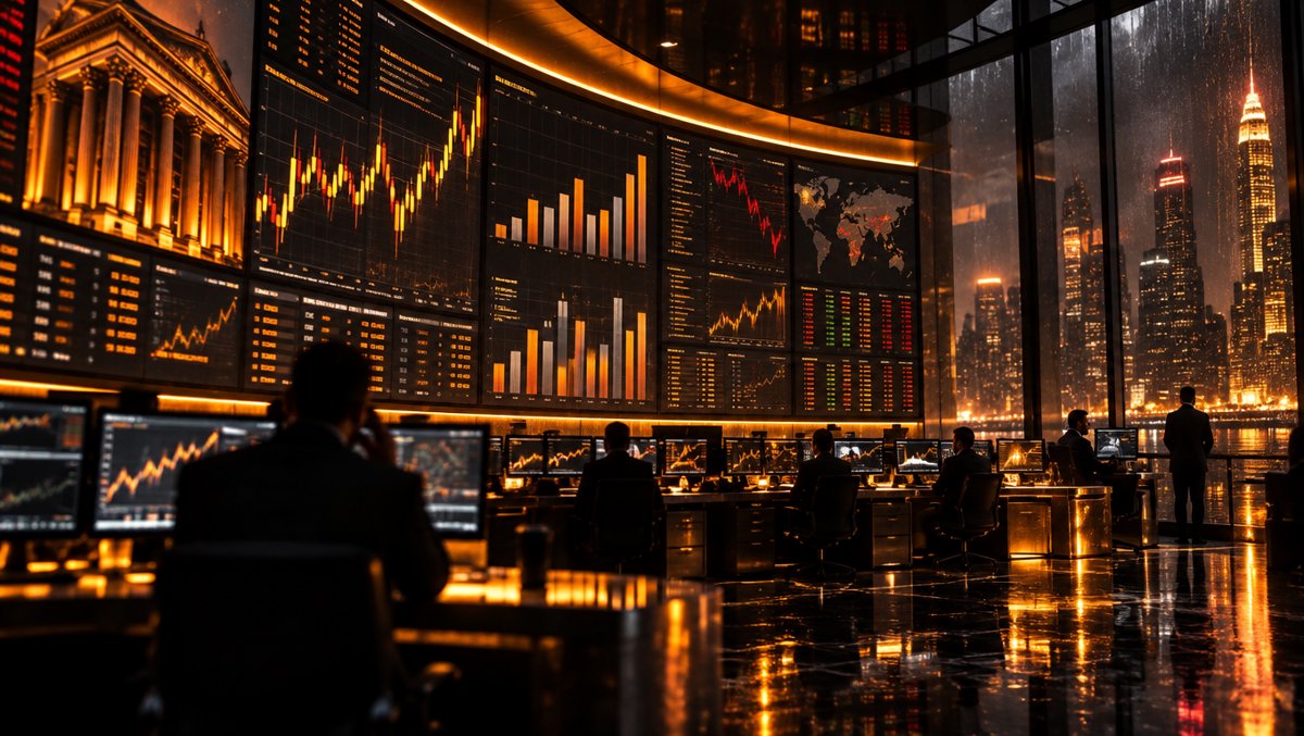 Trading floor wall of market screens showing quarterly earnings data — dark corporate aesthetic