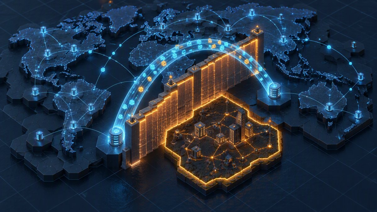 A luminous wall of digital light dividing the network — and the VPN tunnel arcing over it