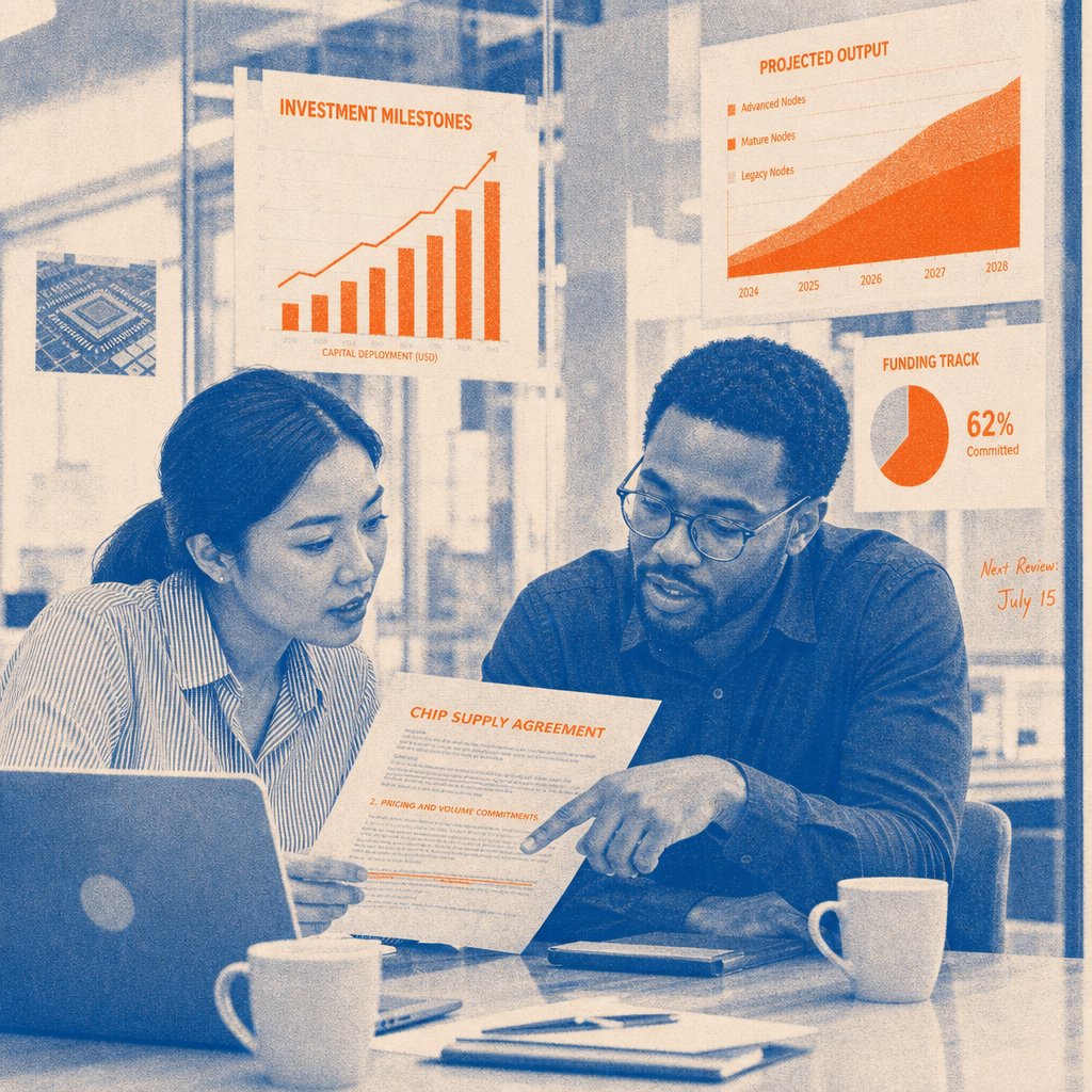 Business professionals reviewing a chip supply agreement and milestone charts on a glass wall in a modern office