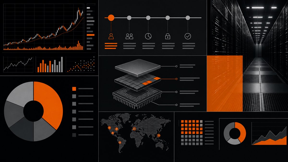 Data visualization scene — trading terminal charts spiking beside warrant vesting milestone timelines and memory architecture diagrams