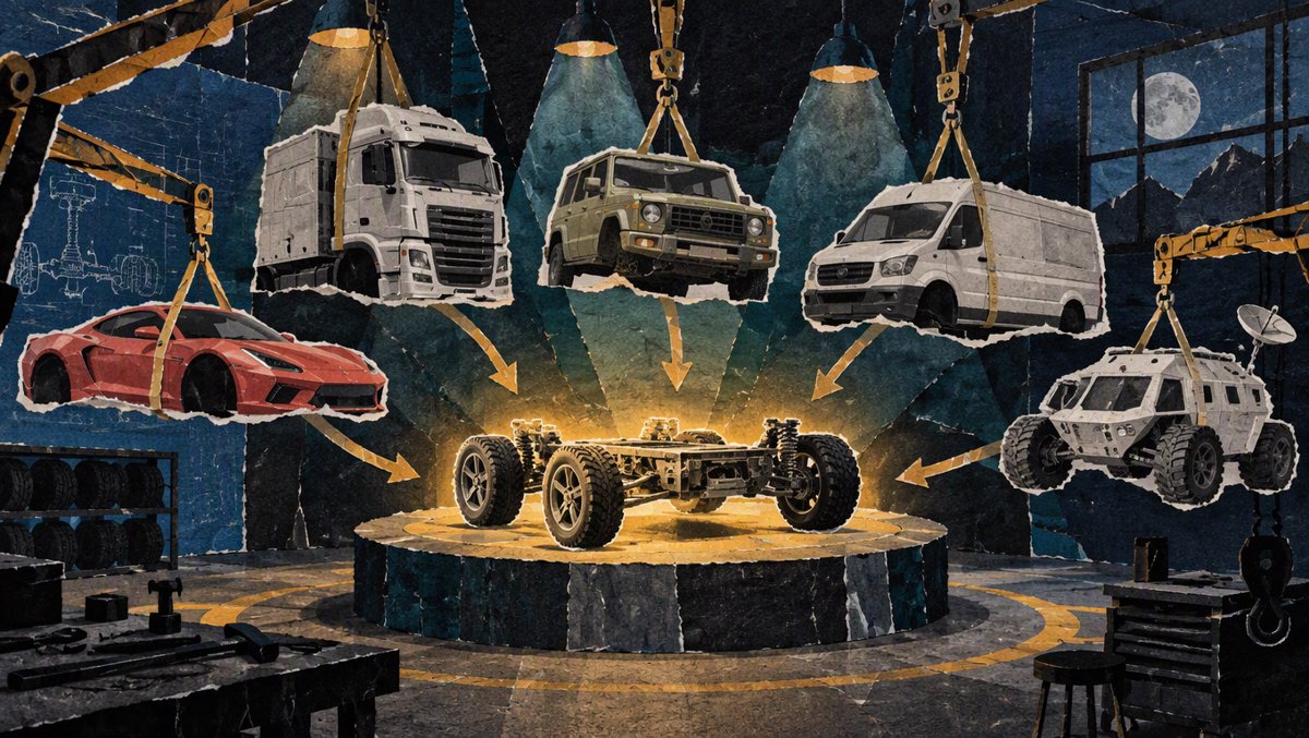 Editorial illustration of one glowing engine chassis with many vehicle shells being fitted onto it by crane arms