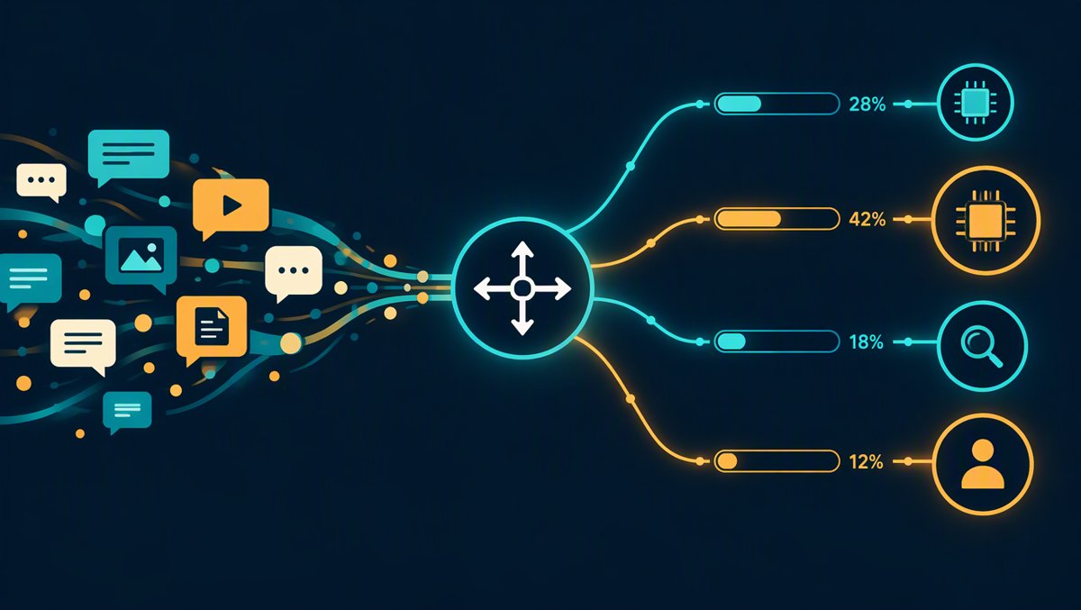 Editorial illustration of a router node sorting messages into four pathways toward a small chip, large chip, magnifying glass, and person icon