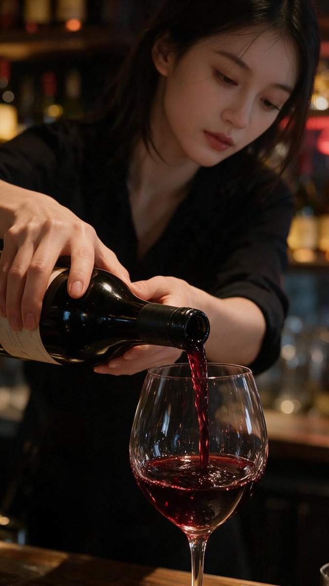 Close-up of Sofie's hands pouring deep red Bernhard Huber Spätburgunder into a crystal glass, moody bokeh bar background