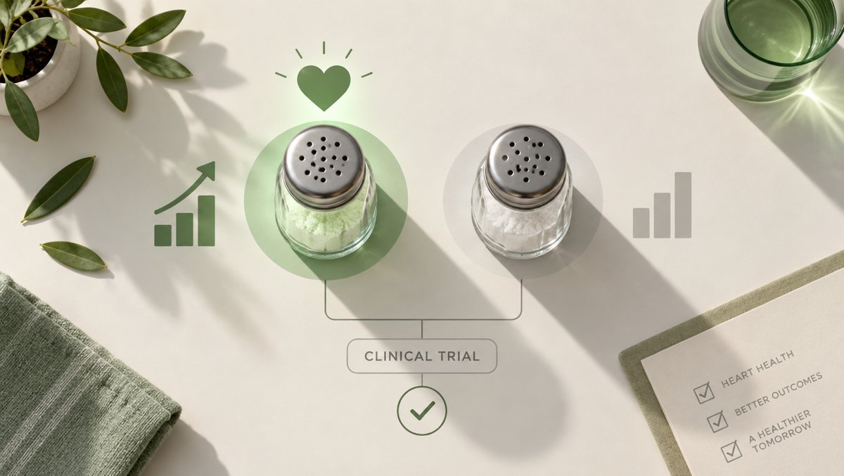 Illustration of the salt swap clinical trial: two salt shakers side by side, the potassium-enriched one glowing green with a heart above it