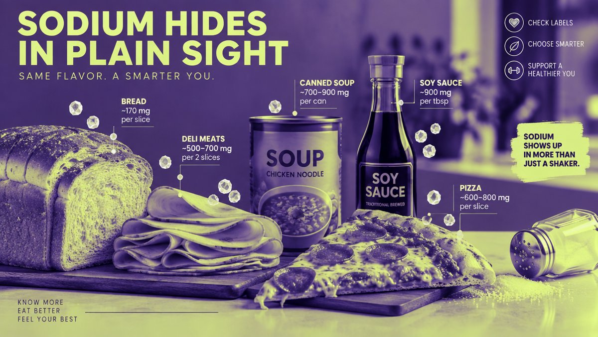 Health illustration of hidden sodium in everyday foods β bread, deli meat, pizza, canned soup and sauces β with the salt shaker pushed aside