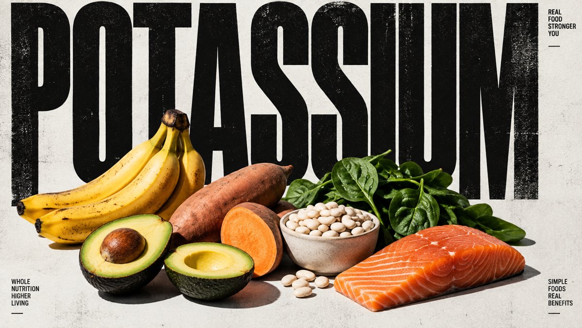 Potassium-rich foods on a kitchen table β bananas, avocados, sweet potatoes, beans, spinach, and salmon