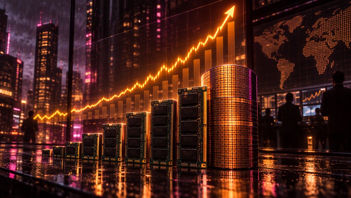 Holographic financial charts and memory modules visualizing Samsung's explosive Q3 profit curve