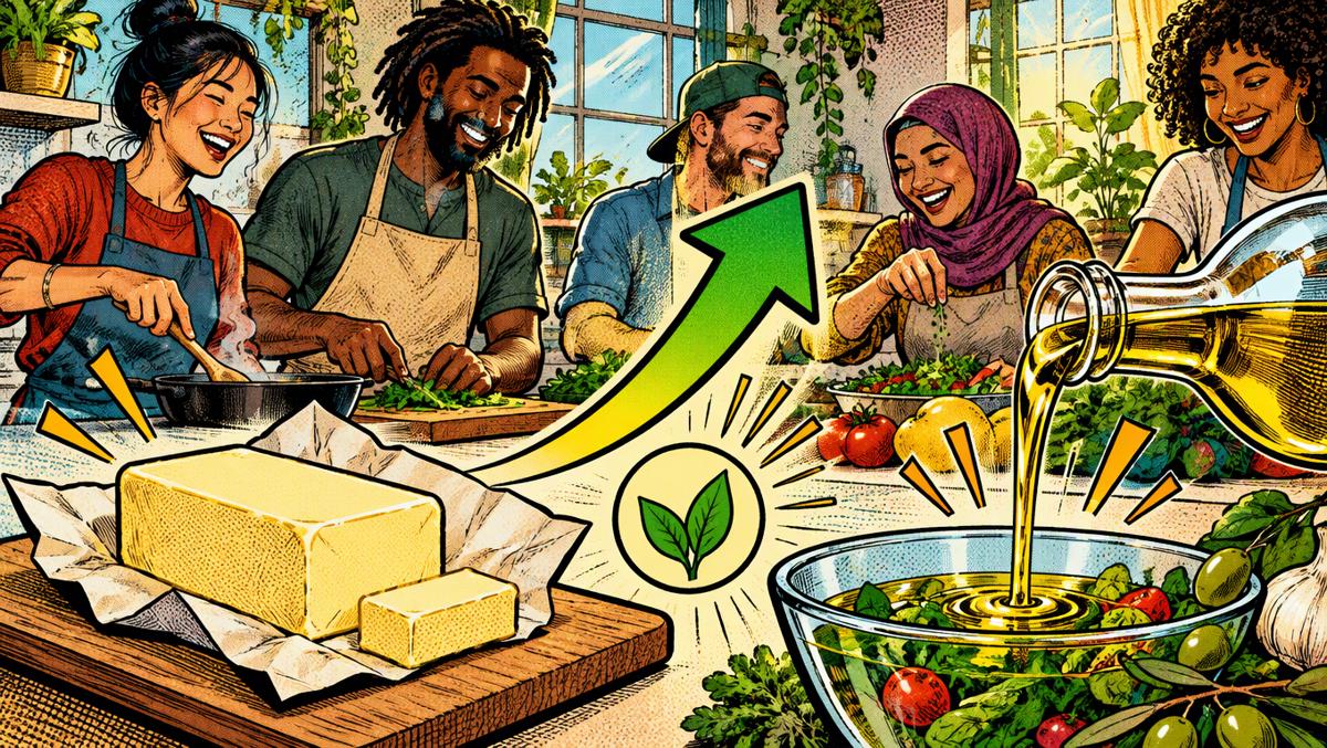 Butter versus plant oils: golden oil poured from a glass bottle beside a stick of butter, with a rising health-benefit arrow