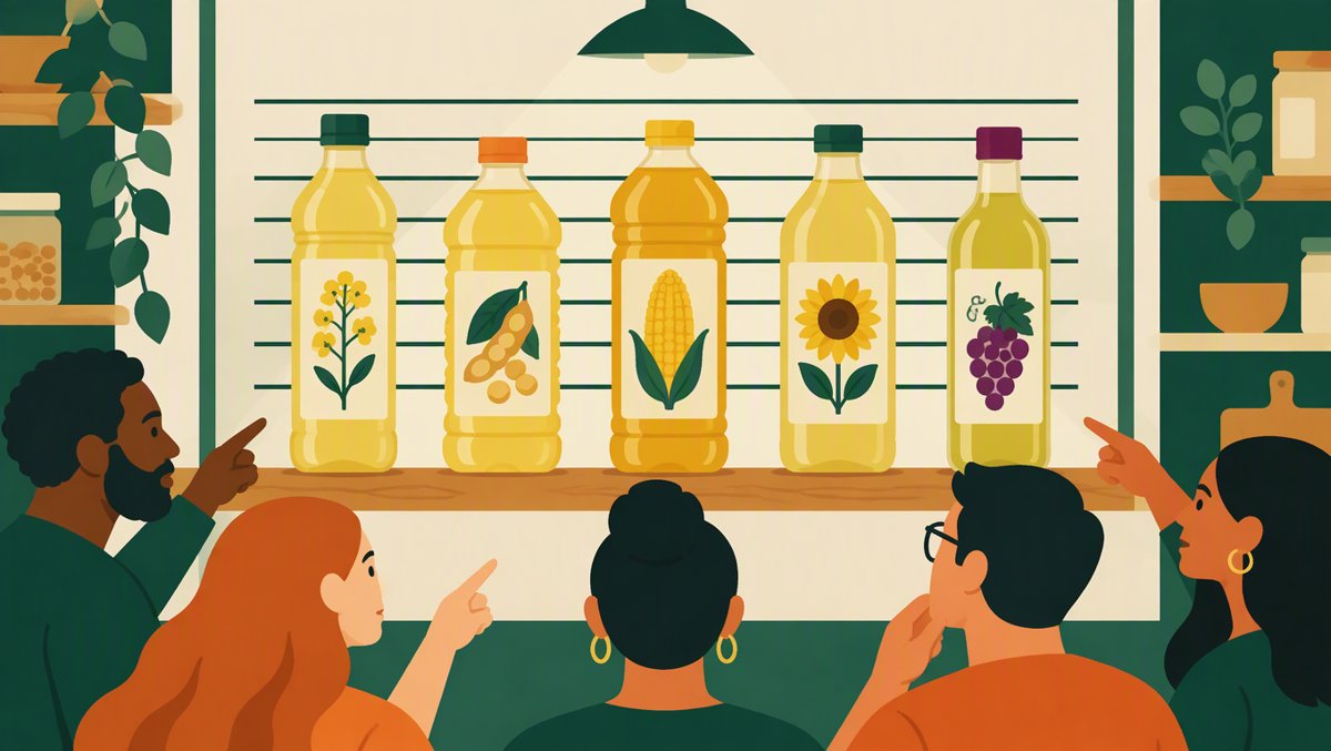 Lineup of seed oil bottles β canola, soybean, corn, sunflower, and grapeseed β standing on a pantry shelf like friendly suspects