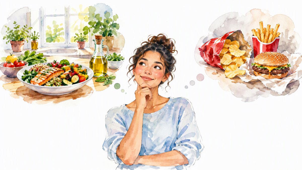 Choosing a fresh home-cooked meal with olive oil and vegetables over a bag of chips and fast-food fries
