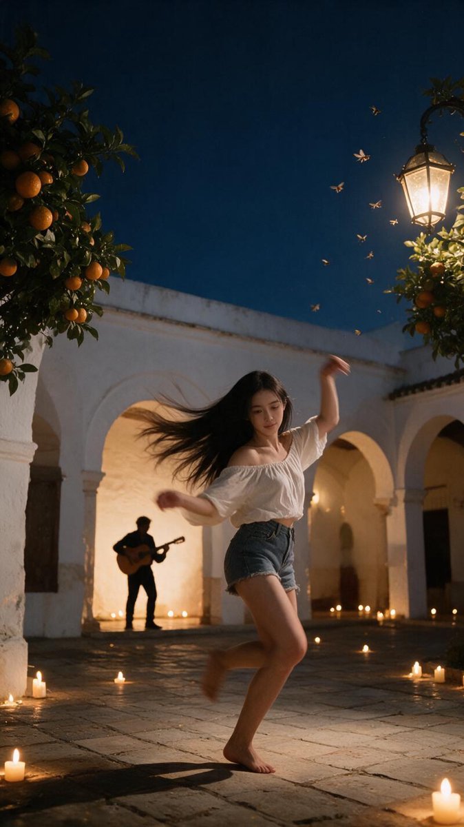 Cindy dancing barefoot in a candlelit Seville plaza at night