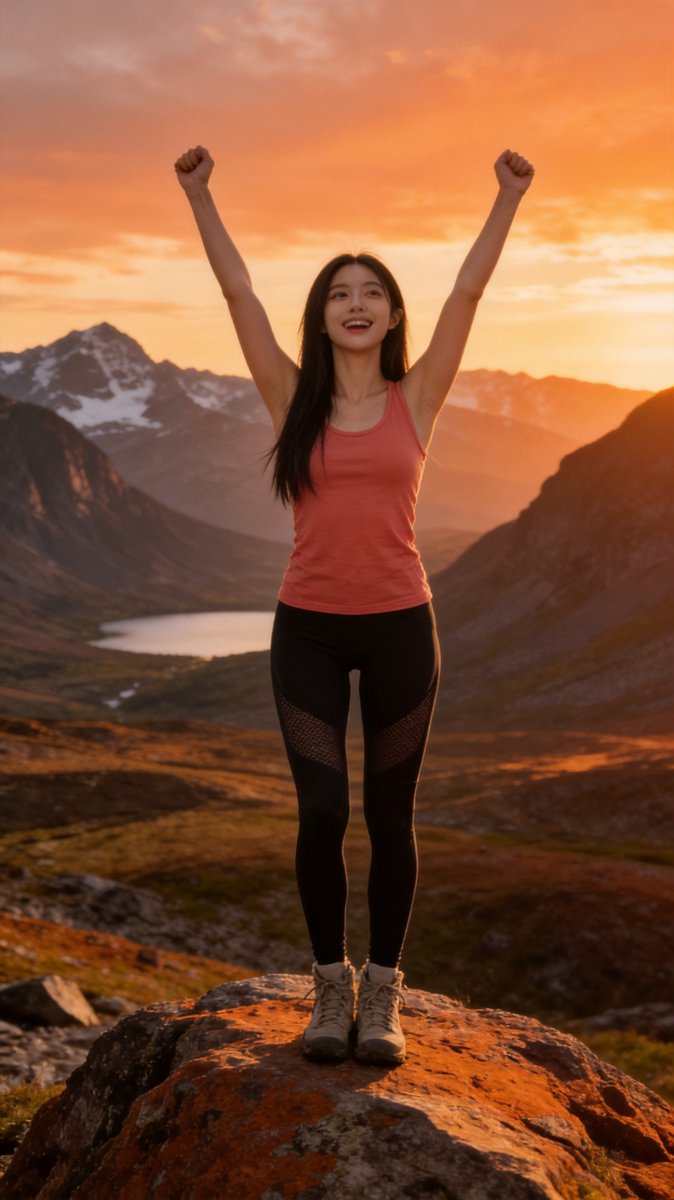 Cindy in a coral tank top with arms raised on a rocky outcrop in the rust-orange Tablelands at golden hour