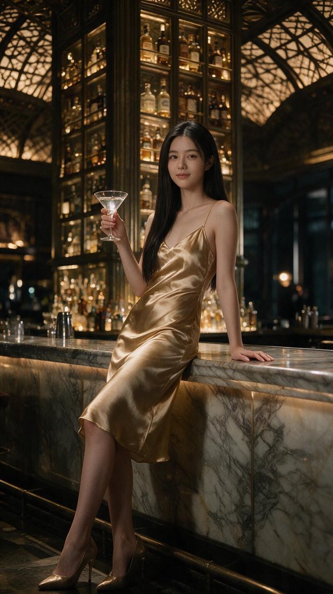 Cindy in a champagne slip dress at a glamorous Art Deco gin bar in Singapore