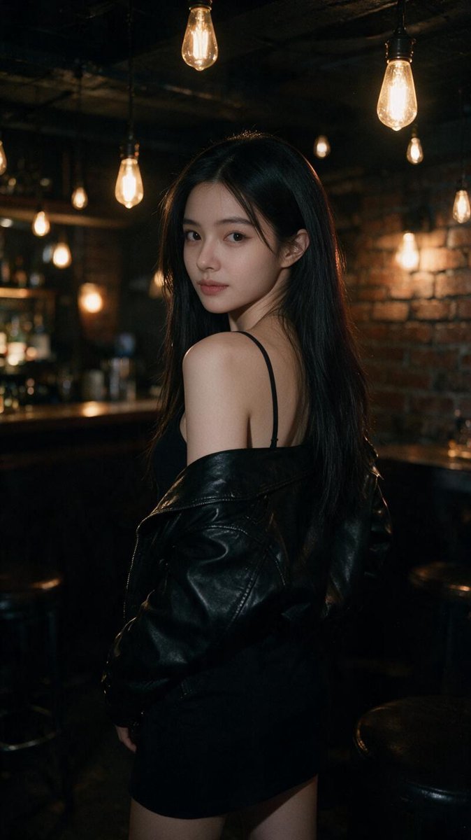 Cindy in a leather jacket inside a candlelit hidden speakeasy bar in Singapore