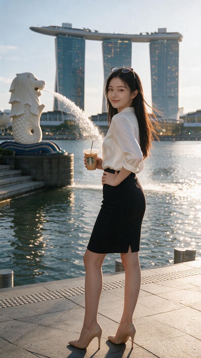 Cindy on the Marina Bay promenade outside One Fullerton, over-the-shoulder glance, iced coffee in hand