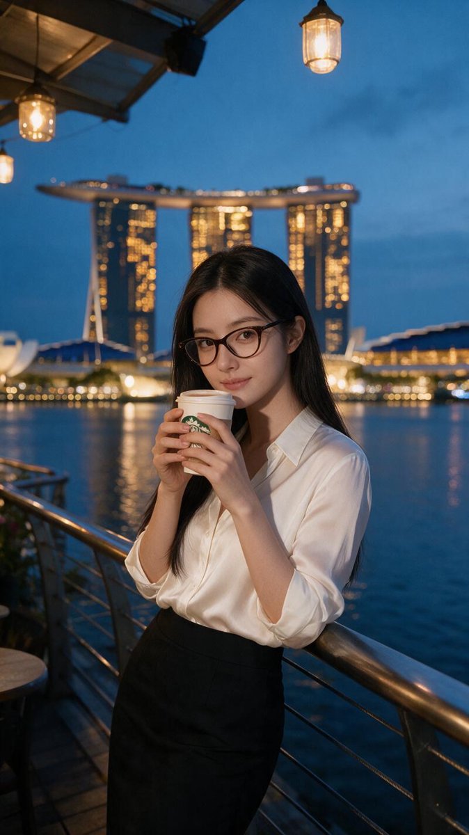 Cindy at dusk on the One Fullerton terrace, blue hour over Marina Bay, city lights on the water