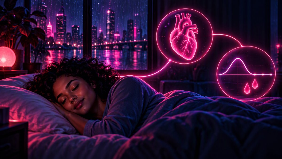 Illustration of heart health and metabolism connected to steady sleep — a peaceful sleeper with a gentle glowing heart icon and balanced glucose curve