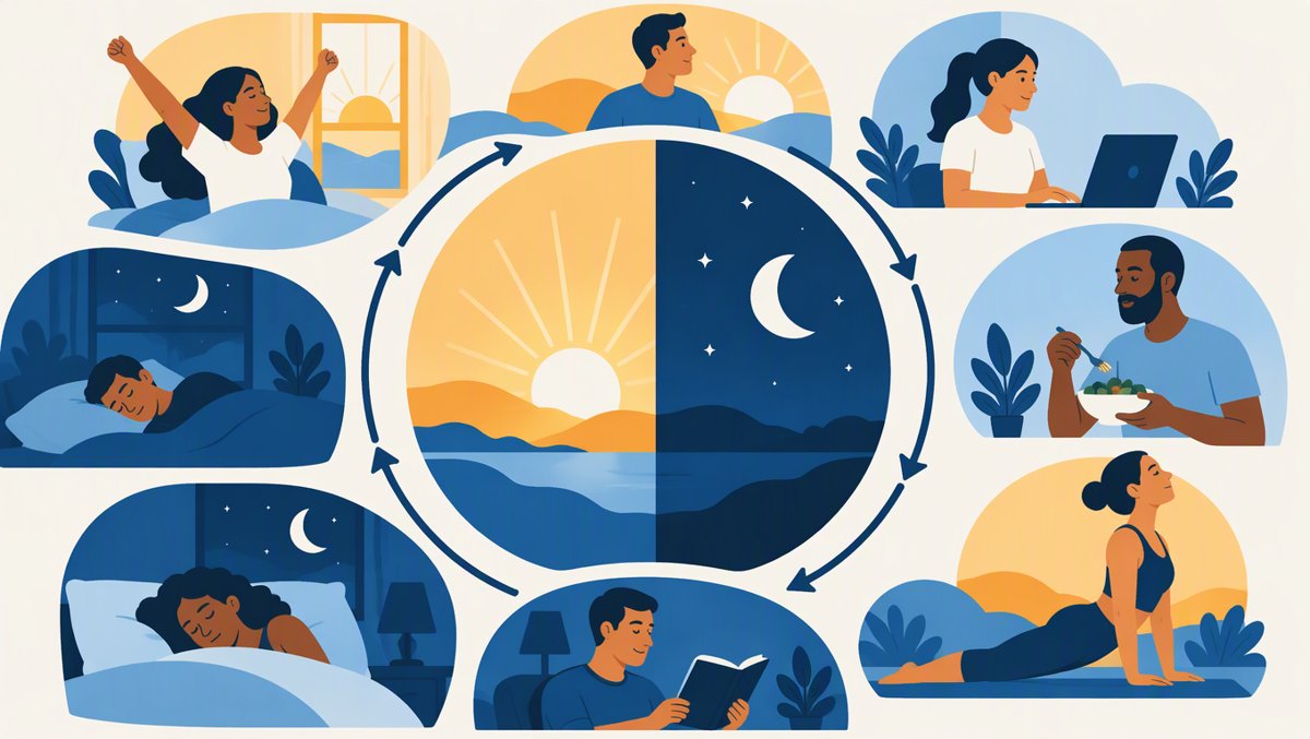 Illustration of the 24-hour circadian rhythm — diverse people waking at sunrise and sleeping at night in a steady daily cycle