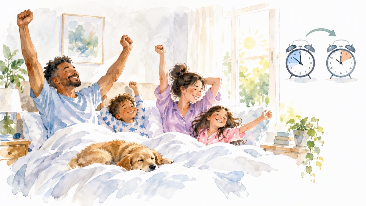 Illustration of a balanced weekend sleep schedule — a family waking naturally on a bright Saturday morning, just one hour later than weekdays