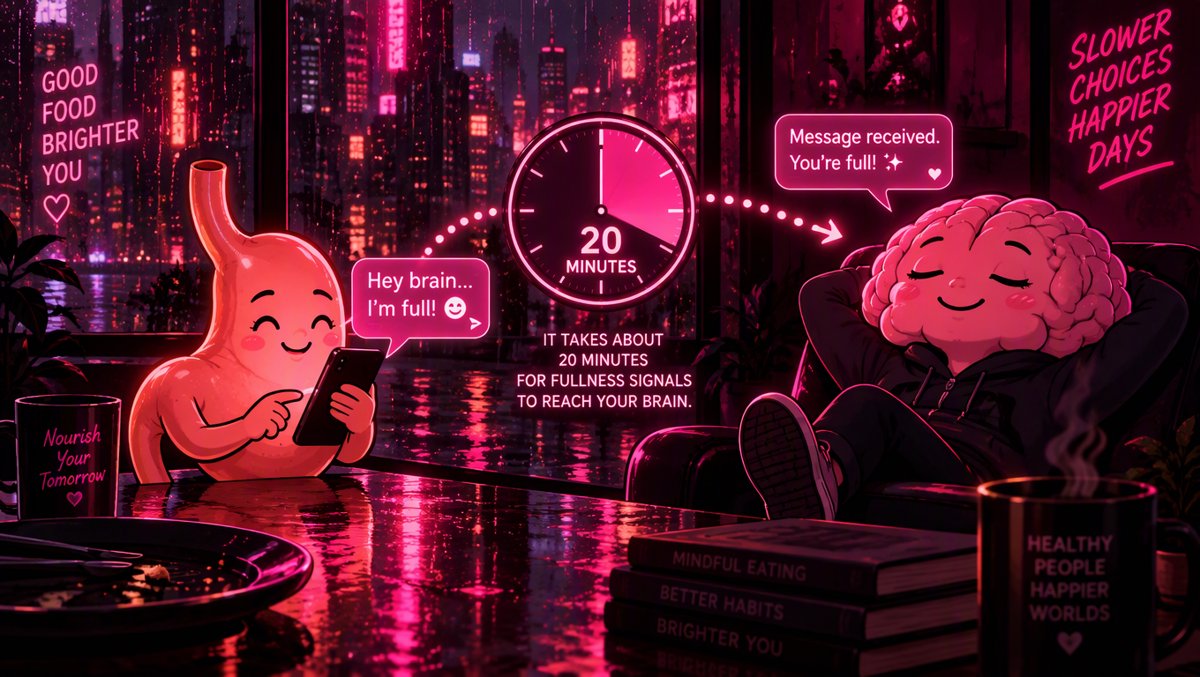 Stylized illustration of the stomach texting a delayed fullness signal to the brain — the 20-minute lag